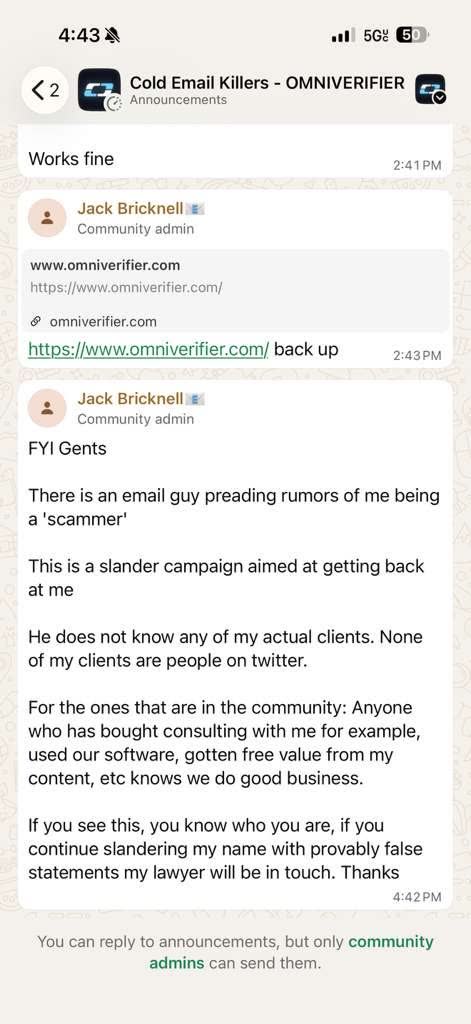 Jack Bricknell calling the exposé a slander campaign in his community channel
